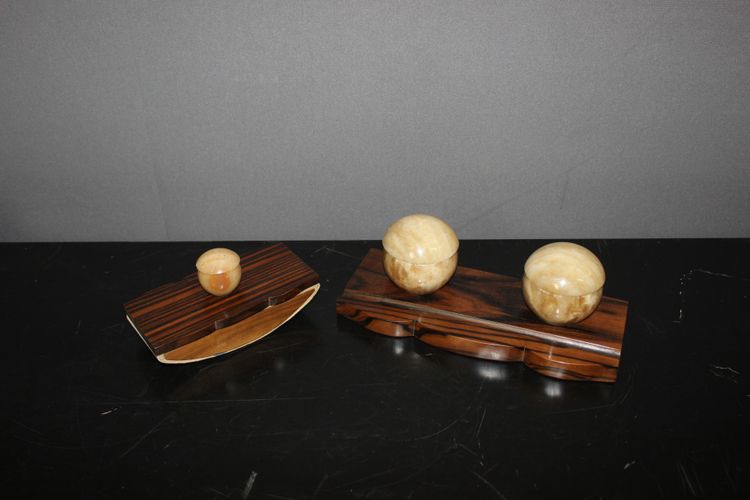 Art Deco Makassar Ebenholz Tintenfass und Stempel