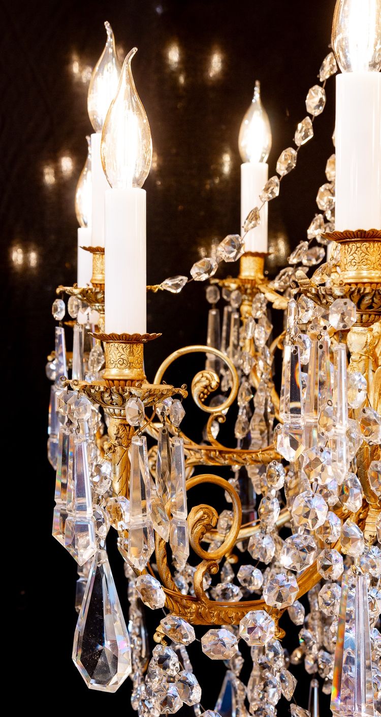 Louis XVI Style Chandelier in Gilt Bronze and Cut Crystal, Signed Portieux