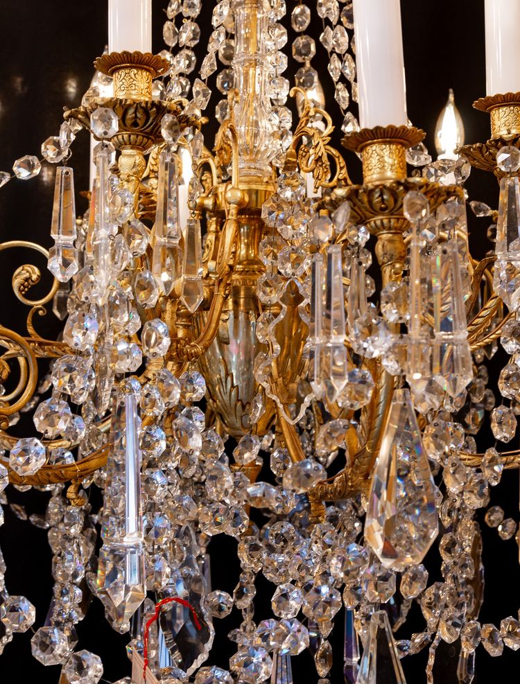 Louis XVI Style Chandelier in Gilt Bronze and Cut Crystal, Signed Portieux