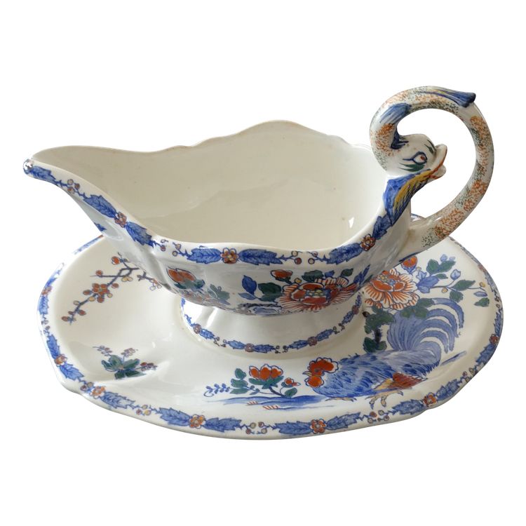 Gien factory. Earthenware sauce boat, Rooster and Peony model. Stamp from the 1930s-1960s.