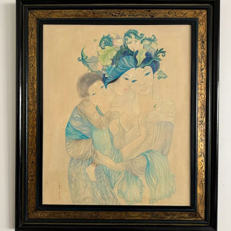 Silk painting Maternity 1970 by Tran-Long 20th century