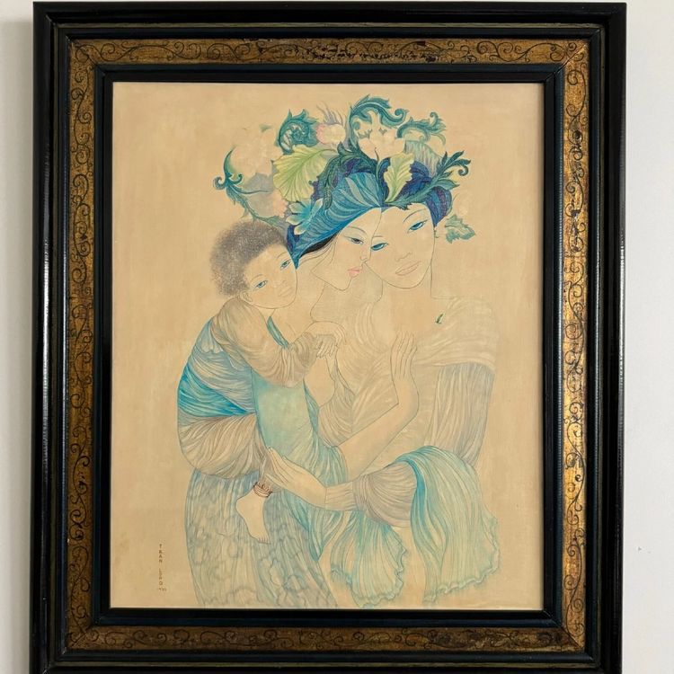 Silk painting Maternity 1970 by Tran-Long 20th century