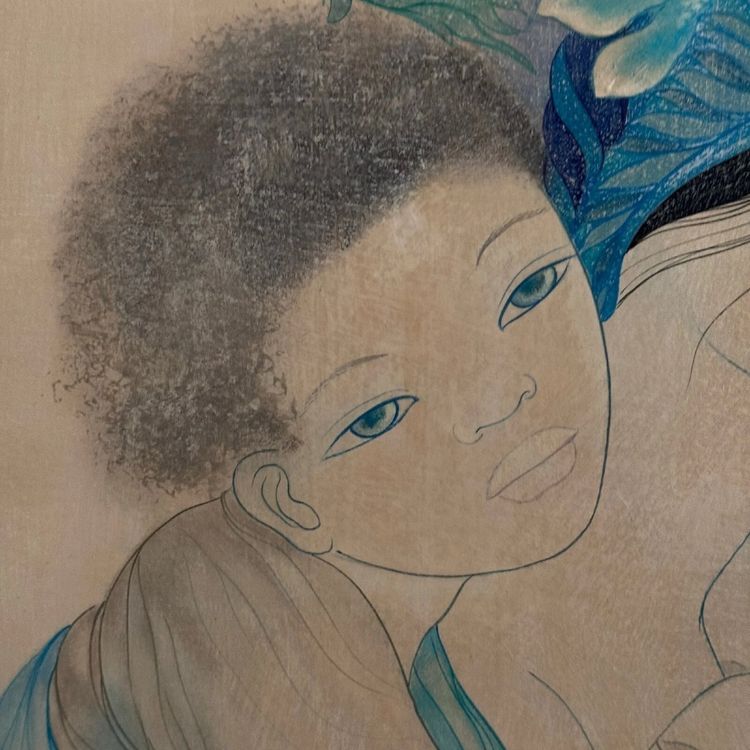 Silk painting Maternity 1970 by Tran-Long 20th century