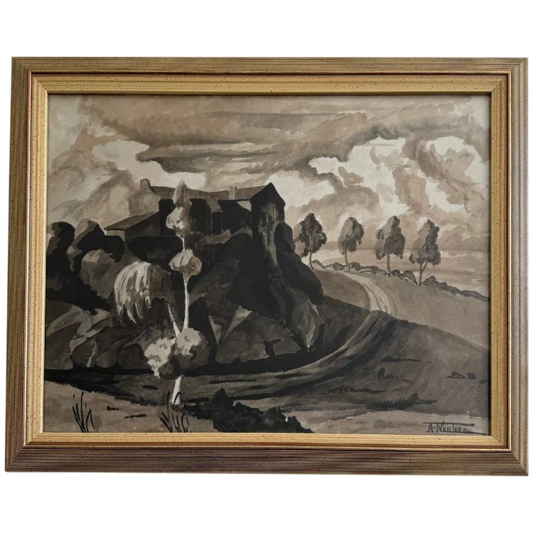 Watercolor on paper André-Charles Nauleau landscape with path 20th century