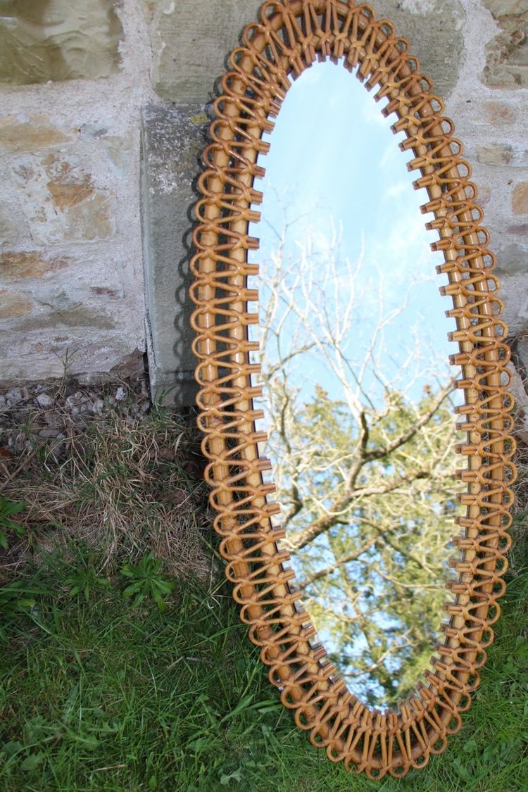 Large Oval Rattan Mirror by Franco Albini. Italy, 1960s