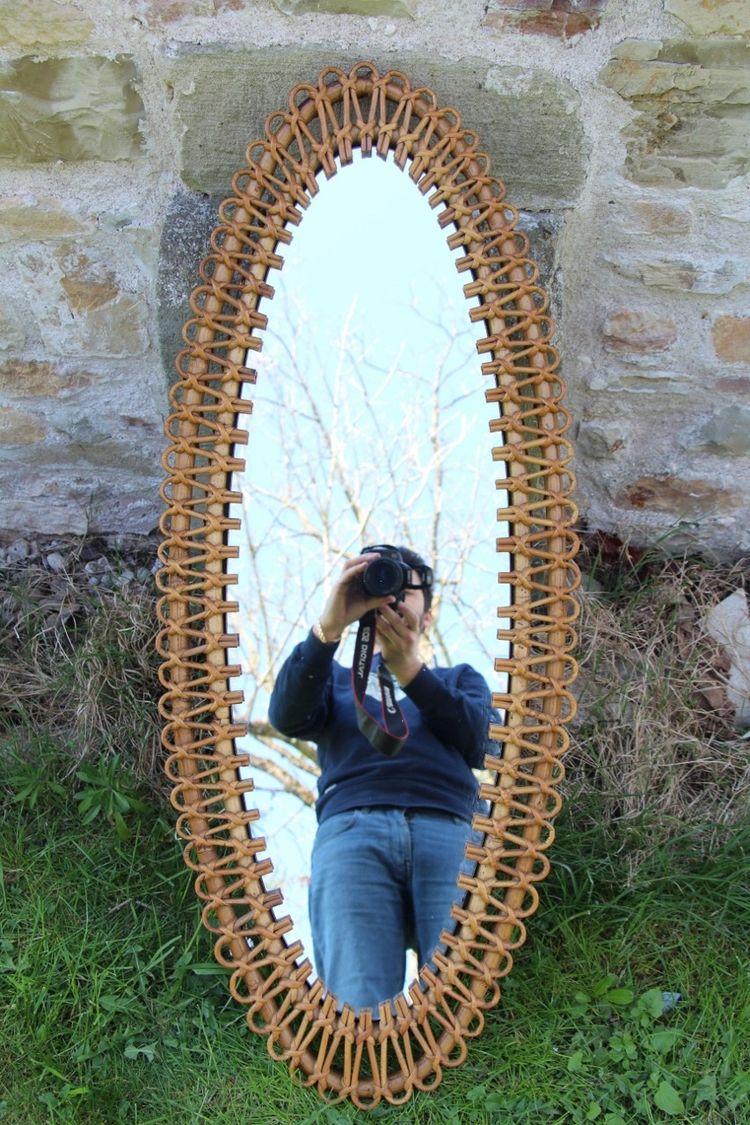 Large Oval Rattan Mirror by Franco Albini. Italy, 1960s