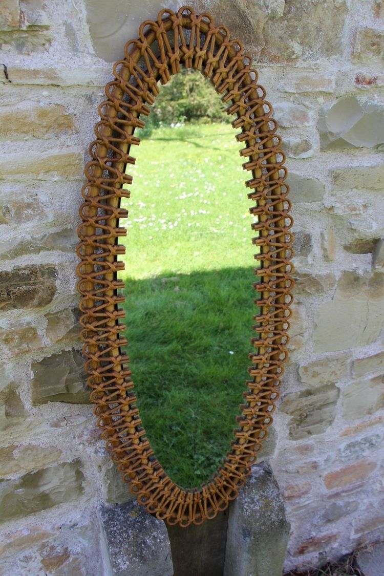 Large Oval Rattan Mirror by Franco Albini. Italy, 1960s
