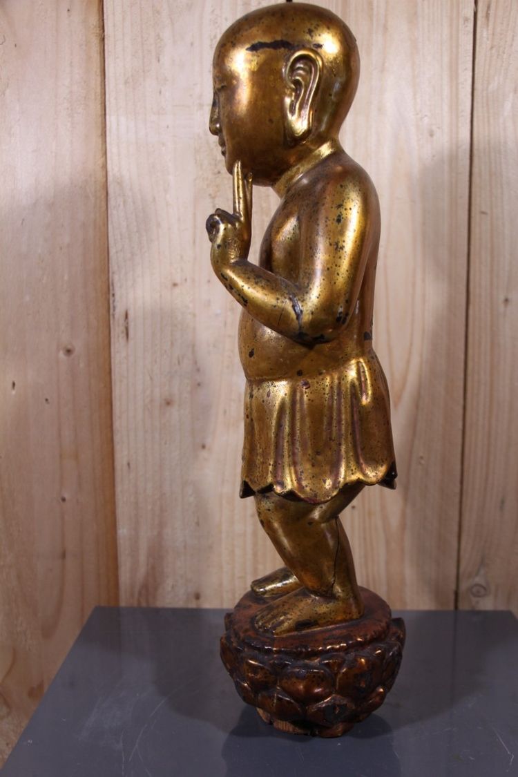 Buddha bambino in legno dorato, Cina, Vietnam, fine del XIX secolo