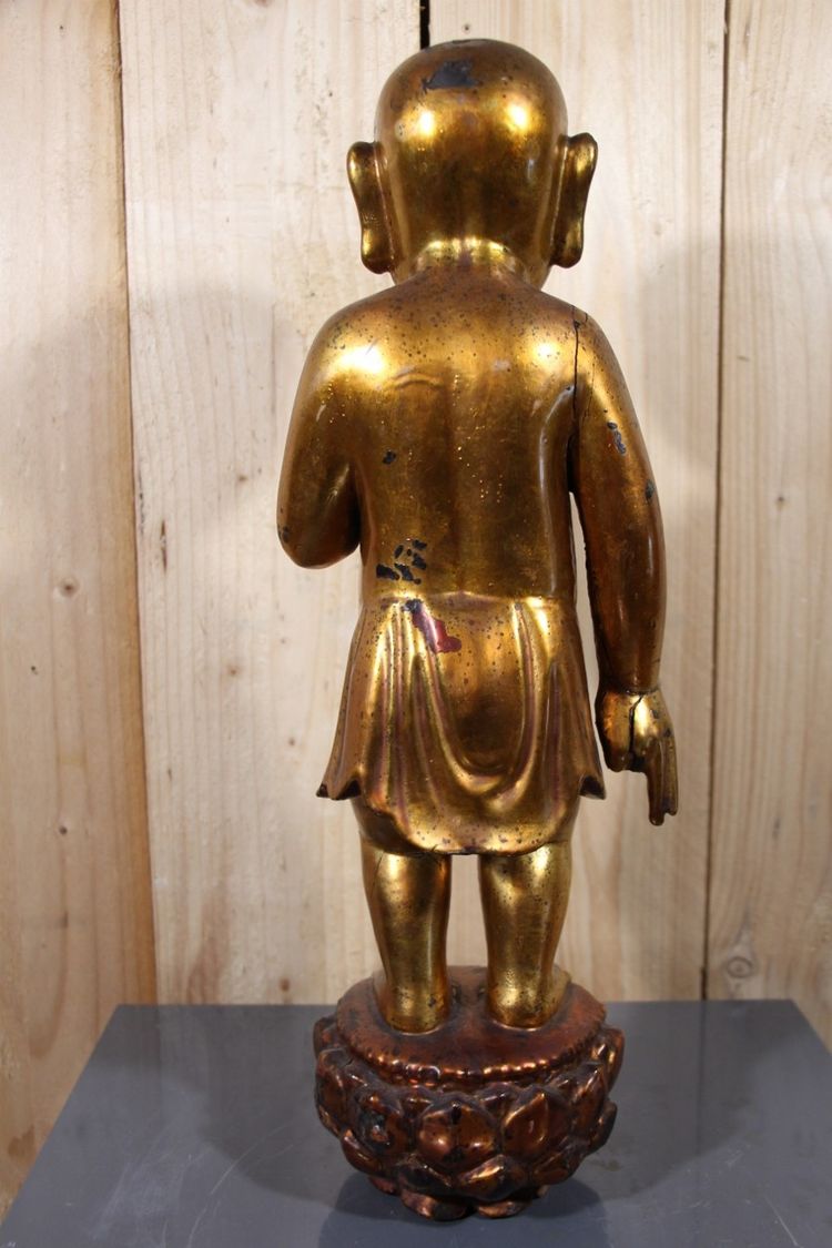 Buddha bambino in legno dorato, Cina, Vietnam, fine del XIX secolo