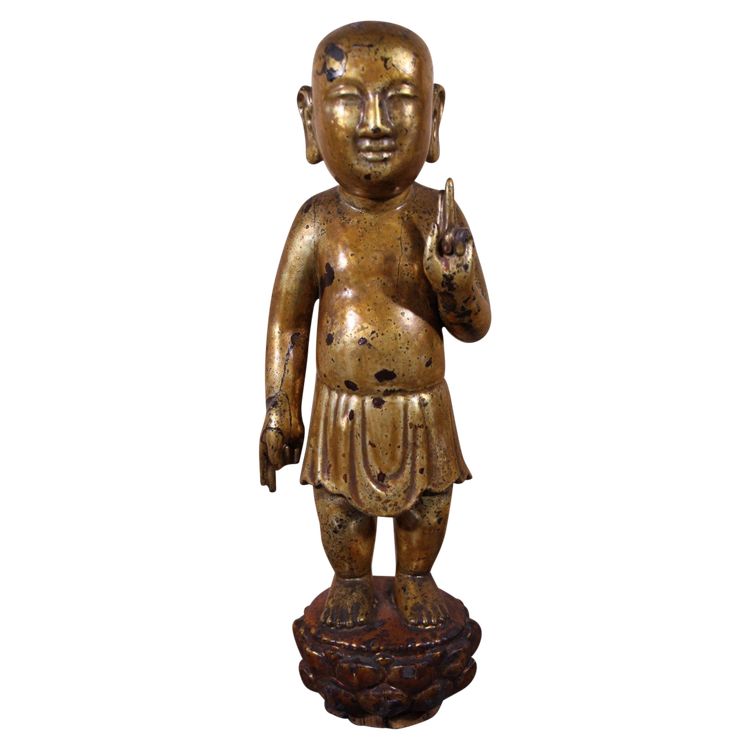 Buddha bambino in legno dorato, Cina, Vietnam, fine del XIX secolo