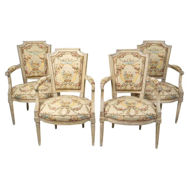Set of Four Louis XVI Circa Beechwood Lacquered Armchairs Circa 1780-1790