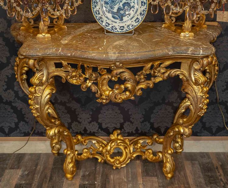 Carved and Gilded Wooden Console with Rocaille Decor, Italy, Late 18th Century