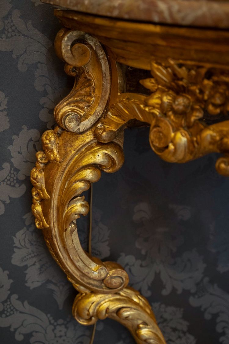 Carved and Gilded Wooden Console with Rocaille Decor, Italy, Late 18th Century