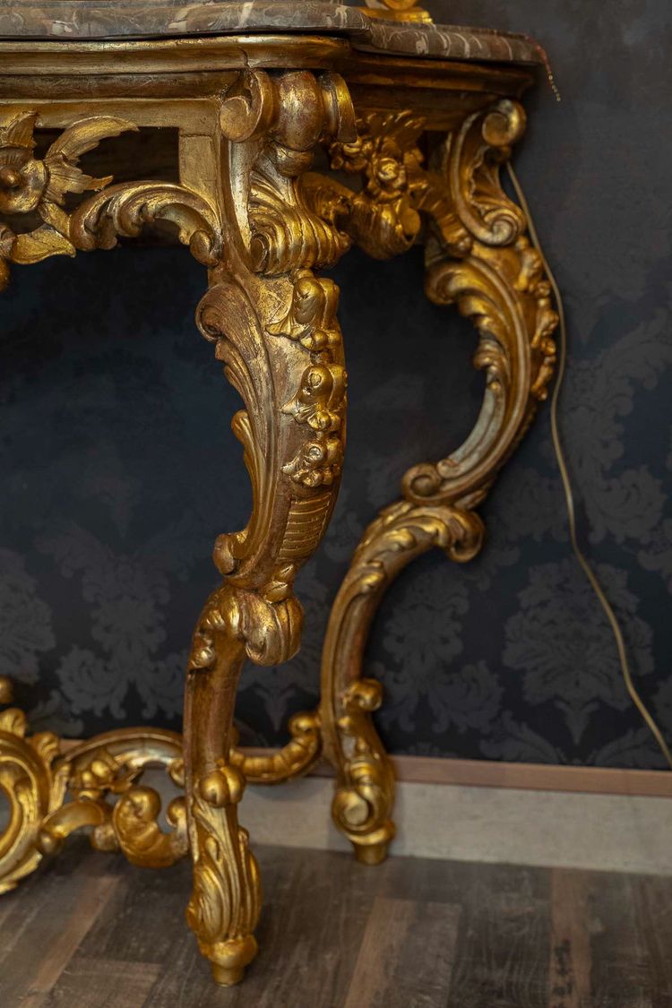 Carved and Gilded Wooden Console with Rocaille Decor, Italy, Late 18th Century