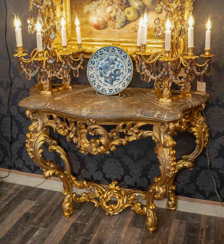 Carved and Gilded Wooden Console with Rocaille Decor, Italy, Late 18th Century