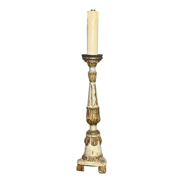 Candélabre ancien en bois peint, laqué or et ivoire, XVIIIe siècle. Taille cm 90 