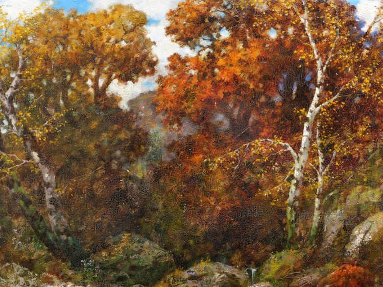 Eduard Paul RÜDISÜHLI, Paesaggio autunnale: fiume, rocce e sottobosco