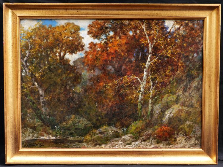 Eduard Paul RÜDISÜHLI, Paesaggio autunnale: fiume, rocce e sottobosco