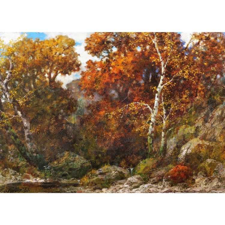 Eduard Paul RÜDISÜHLI, Paesaggio autunnale: fiume, rocce e sottobosco