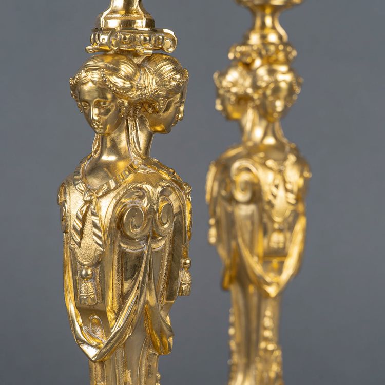 After Robert-Joseph Auguste - Vestal Virgins Pair of Louis XVI Style Gilt Bronze Candlesticks, circa