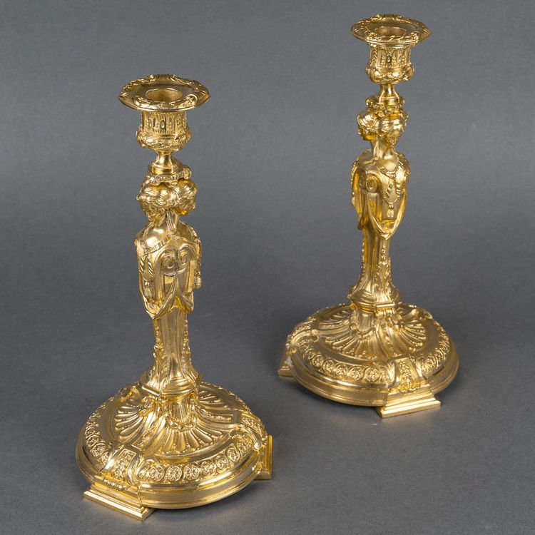 After Robert-Joseph Auguste - Vestal Virgins Pair of Louis XVI Style Gilt Bronze Candlesticks, circa