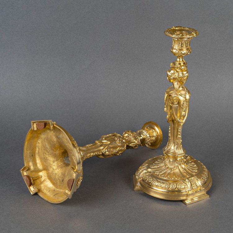 After Robert-Joseph Auguste - Vestal Virgins Pair of Louis XVI Style Gilt Bronze Candlesticks, circa