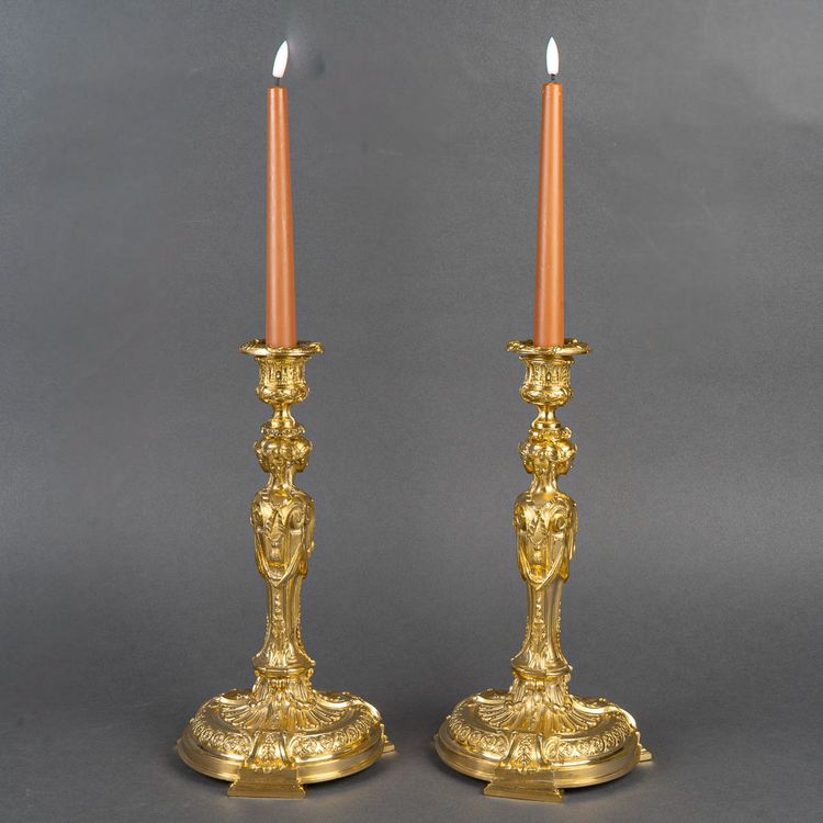 After Robert-Joseph Auguste - Vestal Virgins Pair of Louis XVI Style Gilt Bronze Candlesticks, circa
