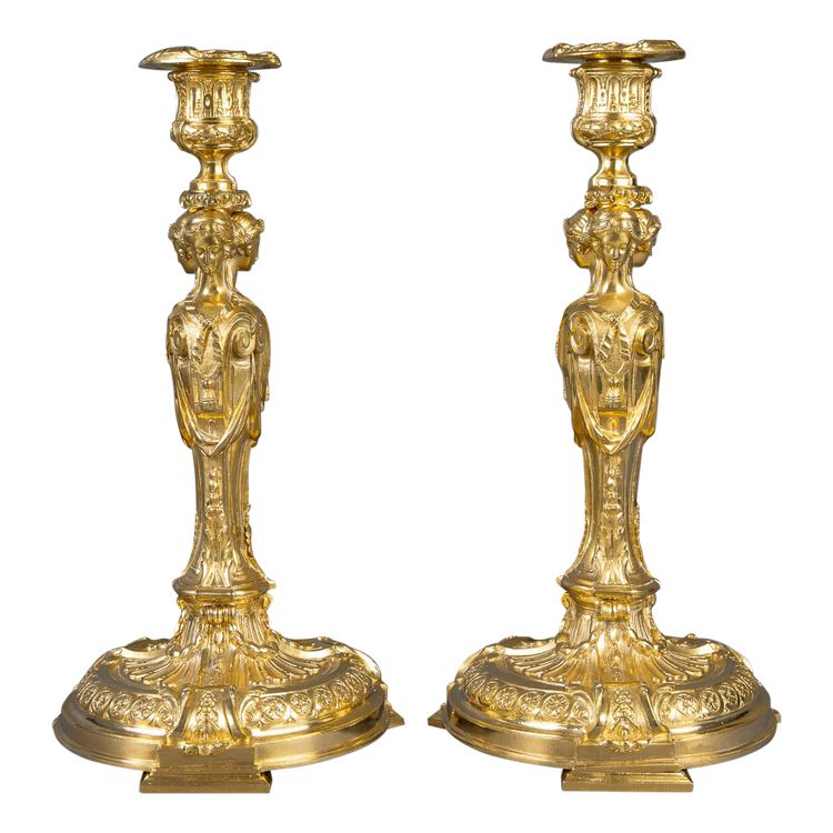 After Robert-Joseph Auguste - Vestal Virgins Pair of Louis XVI Style Gilt Bronze Candlesticks, circa