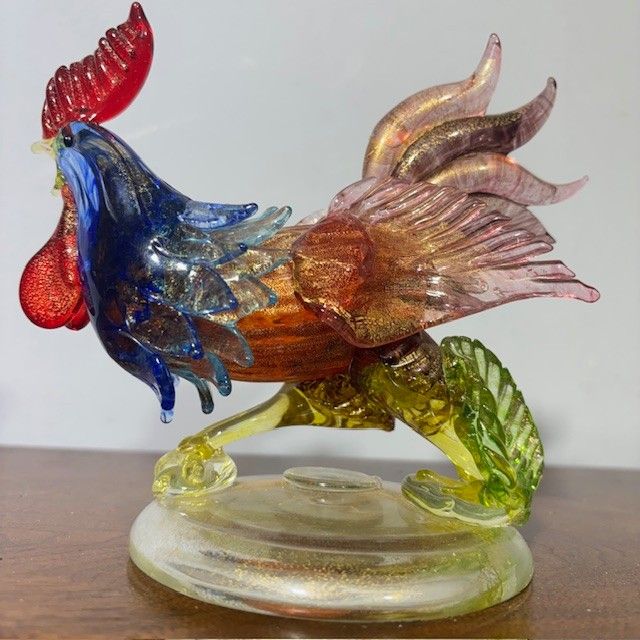 Sculpture en verre de Murano Coq de Barovier e Toso des années 50, magnifique avec des couleurs irisées. Mis h 17 