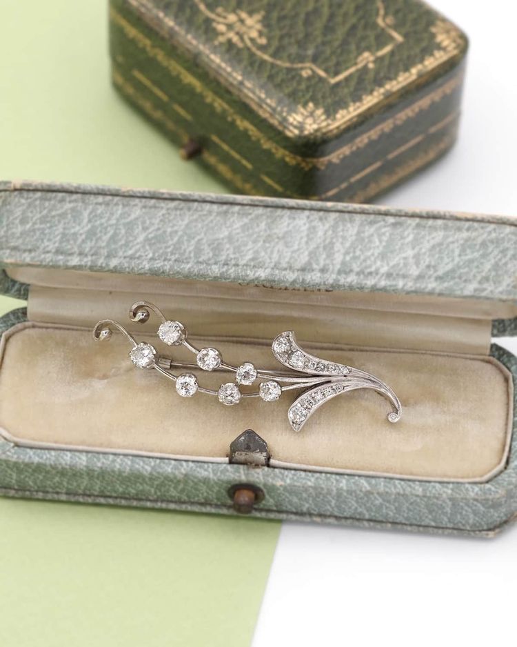 Retro 18k Gold Diamant Maiglöckchen Brosche, Monat Mai, Maiglöckchenzweig, Glück, Glücksbringer 