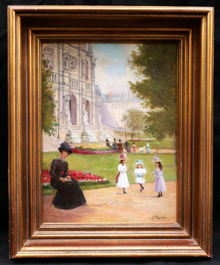 SCUOLA FRANCESE circa 1900, Elegante donna seduta e bambini davanti alla Chiesa della Santissima Trinità