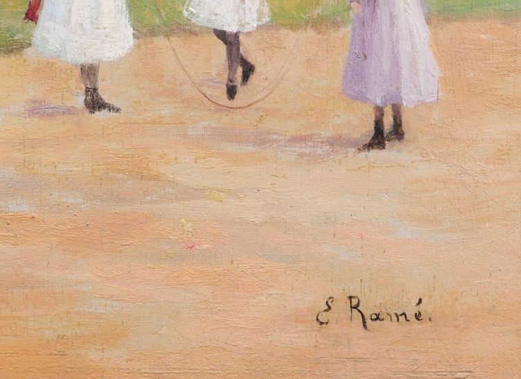 SCUOLA FRANCESE circa 1900, Elegante donna seduta e bambini davanti alla Chiesa della Santissima Trinità