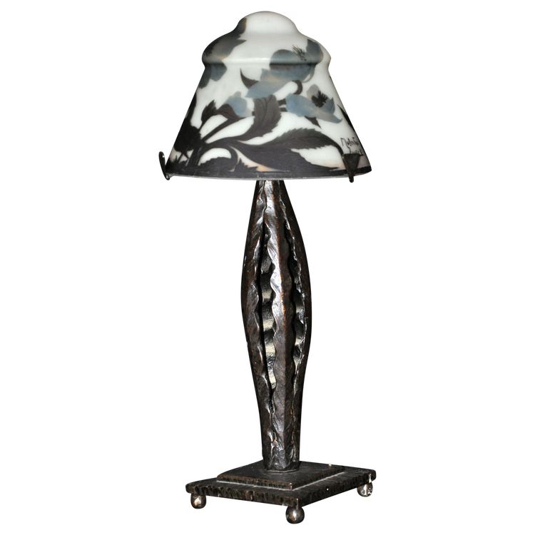 Lampe signée Muller Frères pâte de verre multicouche pied forgé dans le goût de Brandt