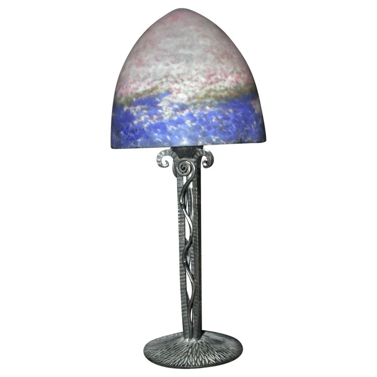 Lampe circa 1925 abat-jour signé Muller Frères pied en fer forgé 
