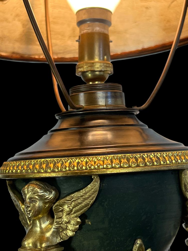 ANTIQUE EMPIRE STYLE LAMP IN BRONZE AND BRASS WITH DECORATED SHEET METAL LAMPSHADE