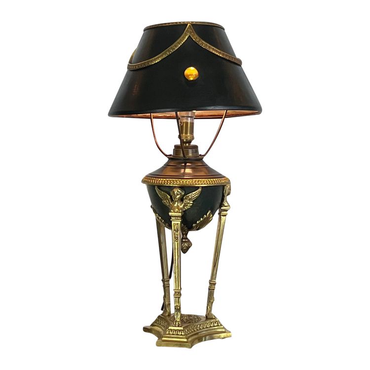 ANTIQUE EMPIRE STYLE LAMP IN BRONZE AND BRASS WITH DECORATED SHEET METAL LAMPSHADE