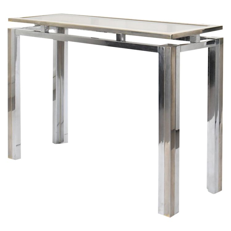 Rectangular console table in brushed steel. Guy Lefèvre for Maison Jansen