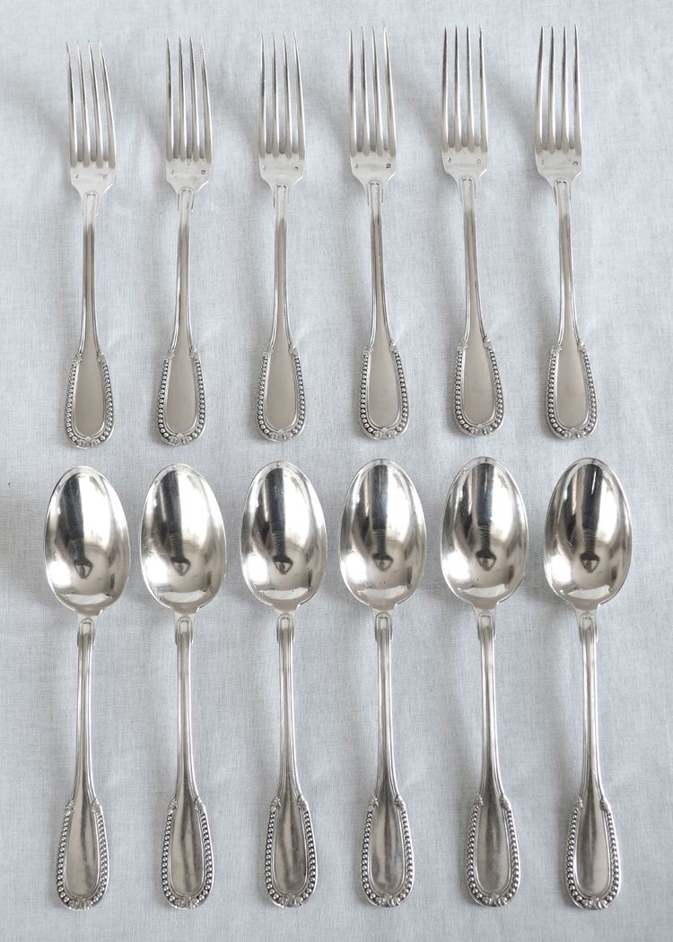 Louis XVI style cutlery set in solid silver for 12 people - 24 pieces - Minerva hallmark