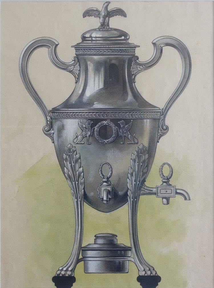 Gouache - dessin d'orfèvrerie : samovar en argent massif de style Empire encadrée - 47,5cm x 58cm