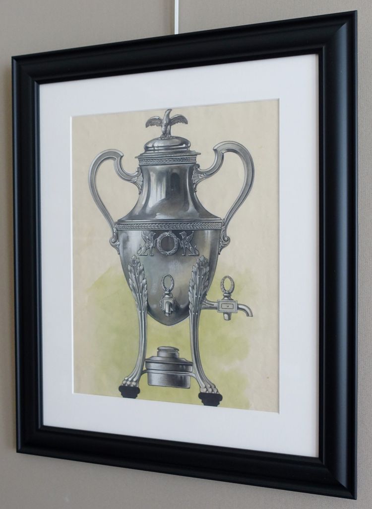 Gouache - dessin d'orfèvrerie : samovar en argent massif de style Empire encadrée - 47,5cm x 58cm