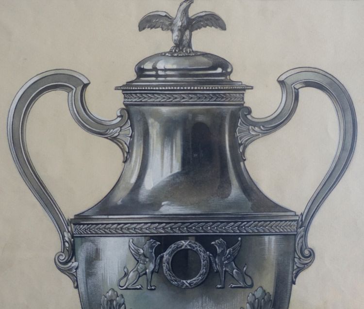 Gouache - dessin d'orfèvrerie : samovar en argent massif de style Empire encadrée - 47,5cm x 58cm