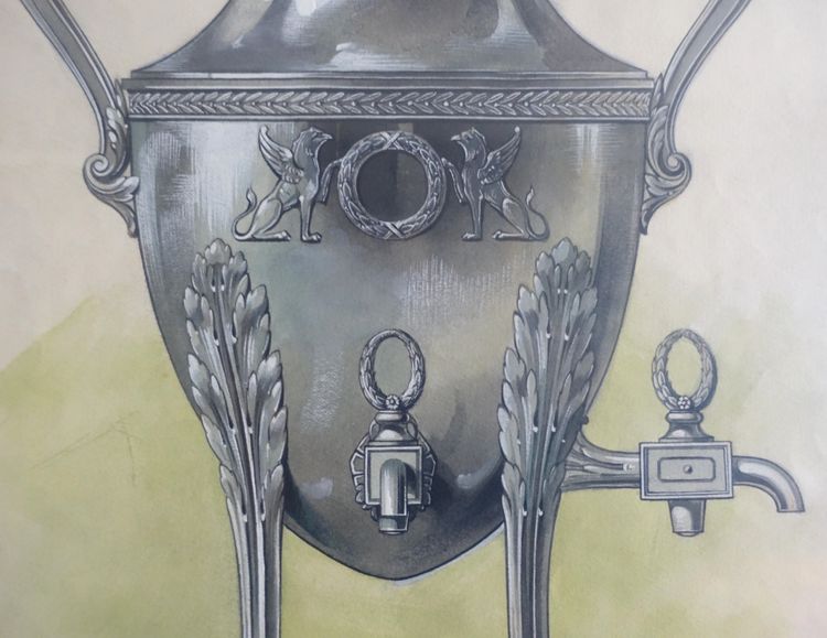 Gouache - dessin d'orfèvrerie : samovar en argent massif de style Empire encadrée - 47,5cm x 58cm