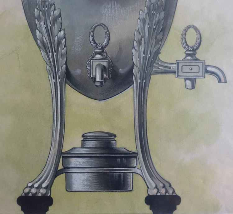 Gouache - dessin d'orfèvrerie : samovar en argent massif de style Empire encadrée - 47,5cm x 58cm