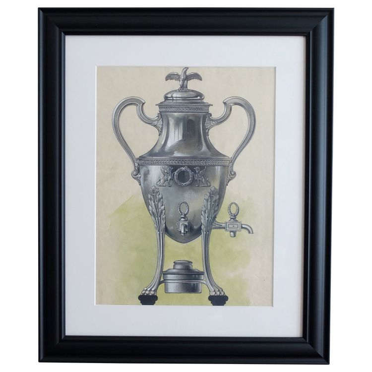 Gouache - dessin d'orfèvrerie : samovar en argent massif de style Empire encadrée - 47,5cm x 58cm