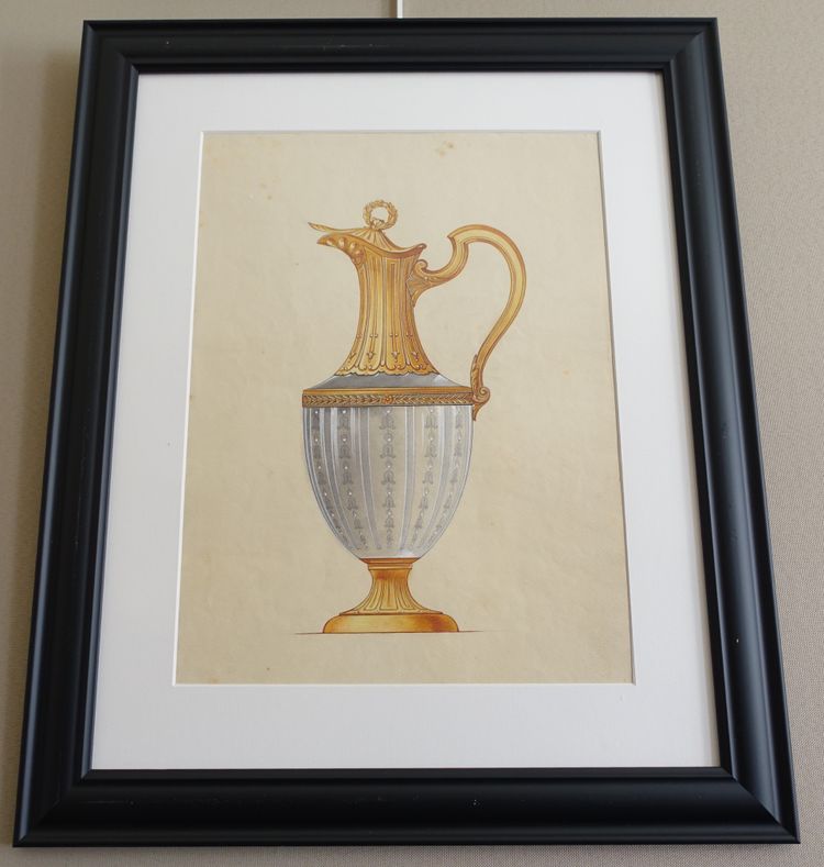 Gouache - dessin d'orfèvrerie : aiguière en vermeil de style Empire encadrée - 47,5cm x 58cm