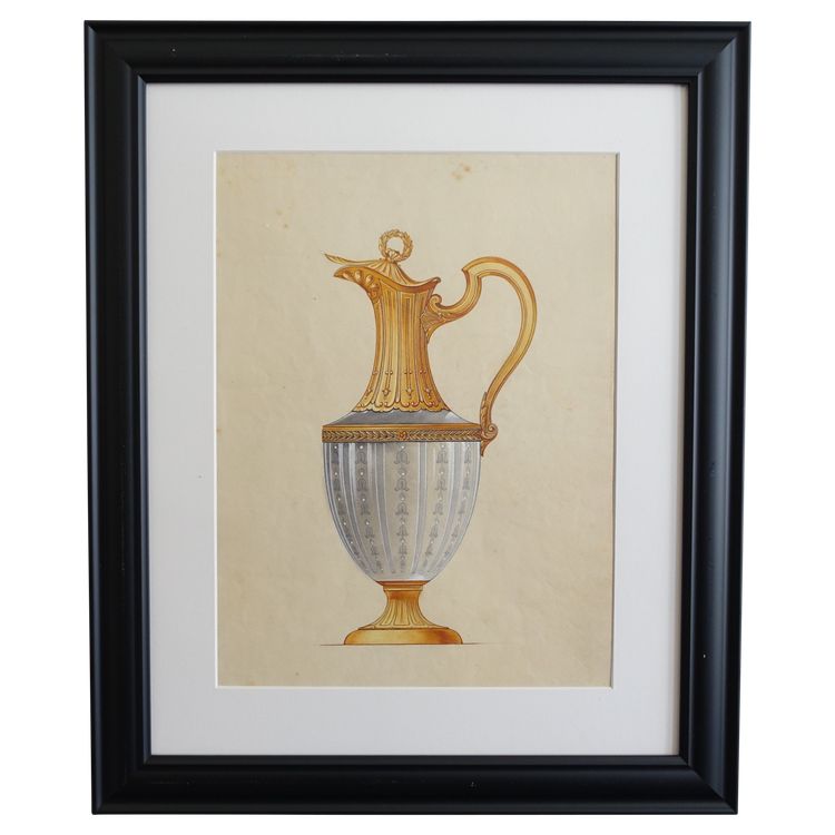 Gouache - dessin d'orfèvrerie : aiguière en vermeil de style Empire encadrée - 47,5cm x 58cm