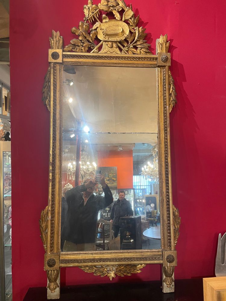 Miroir D’époque Louis XVI En Bois Doré Au Attribut De Jardinier 