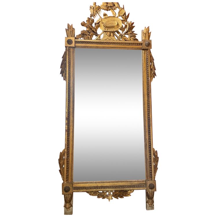 Miroir D’époque Louis XVI En Bois Doré Au Attribut De Jardinier 