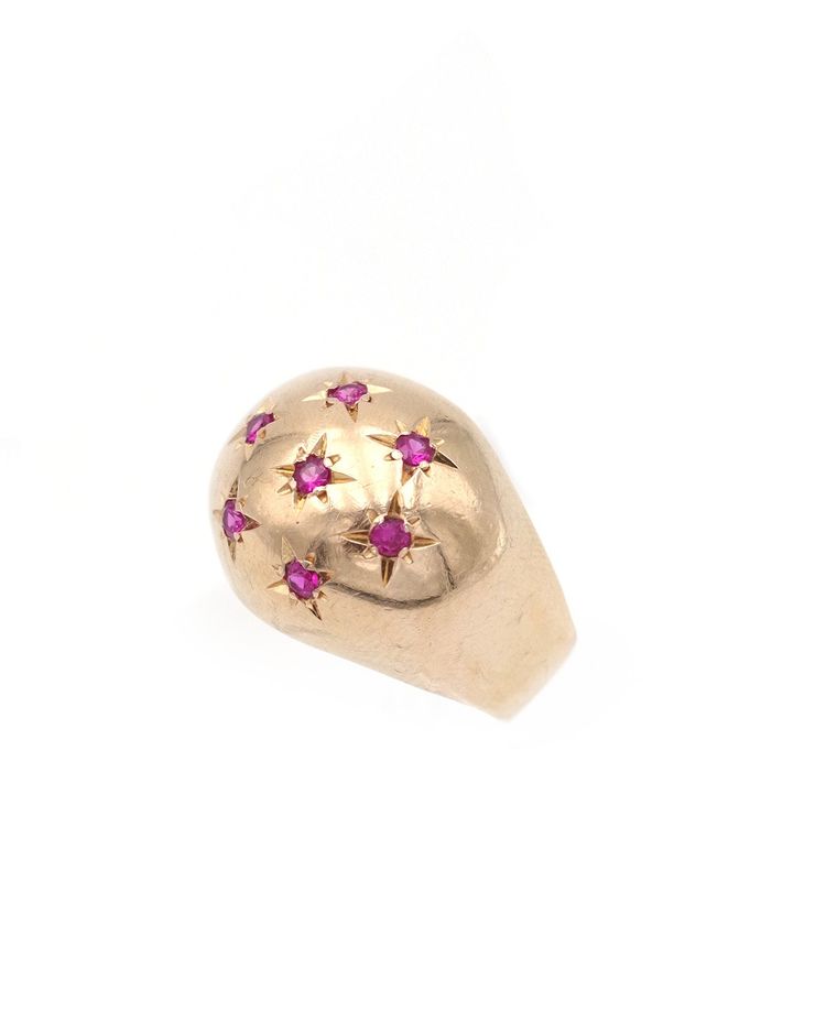 Anello a forma di sfera con costellazione in oro 18k e rubino, incastonatura a stella, rubini sintetici, anello da cocktail