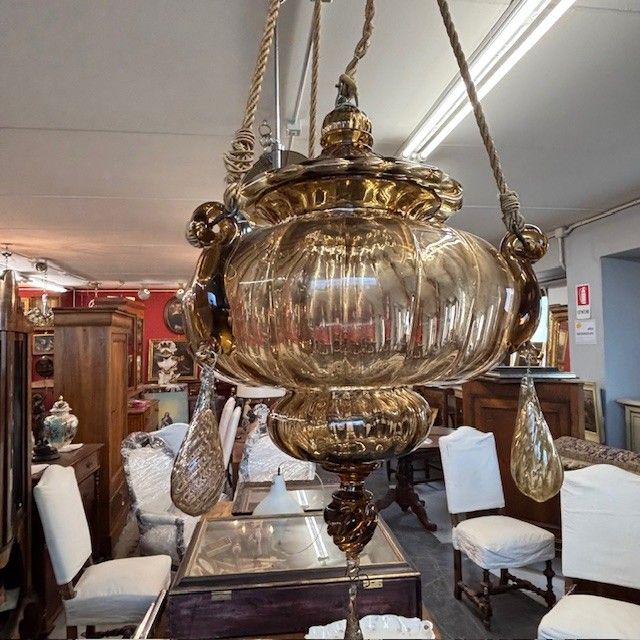 Lustre ancien en verre de Murano Vittorio Zecchin Liberty années 1930 Taille H 95.